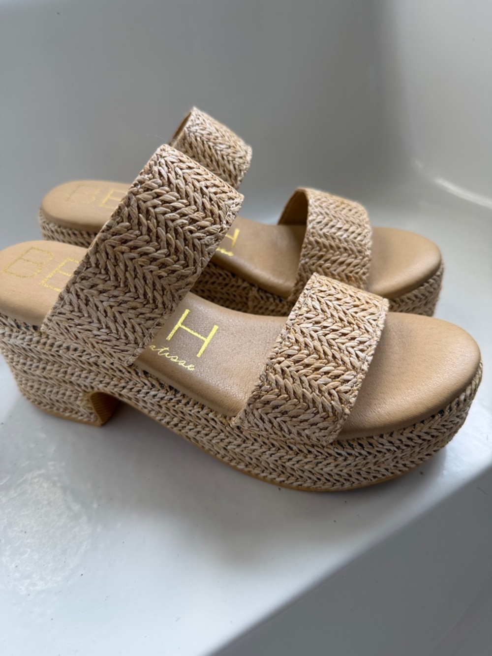 Woven Beige Platform Slide Sandals with Double Straps